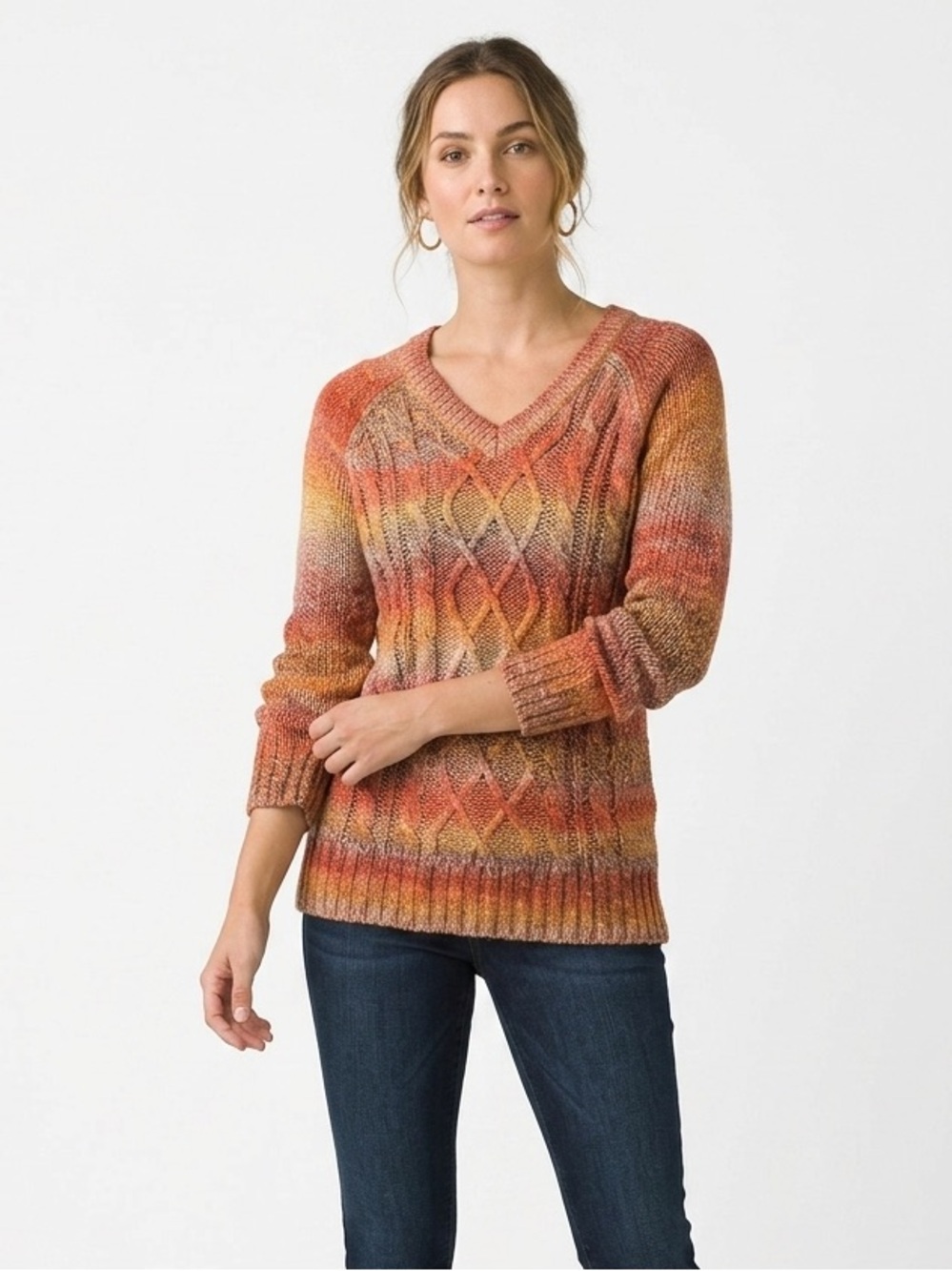 Prana Multicolor Cable Knit V-Neck Sweater in Orange Yellow and Brown Size Small